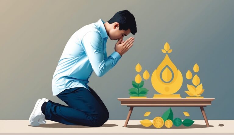 Man kneeling in prayer before a golden altar with coins and plants