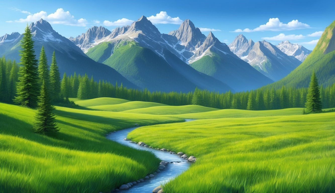 A lush, green meadow with a gentle stream flowing through, surrounded by tall, majestic mountains under a clear, blue sky