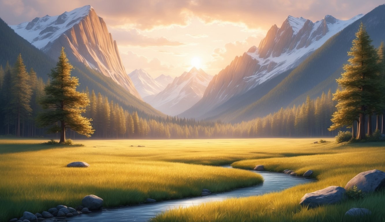 A serene meadow with a peaceful stream, surrounded by towering mountains and bathed in warm, golden light