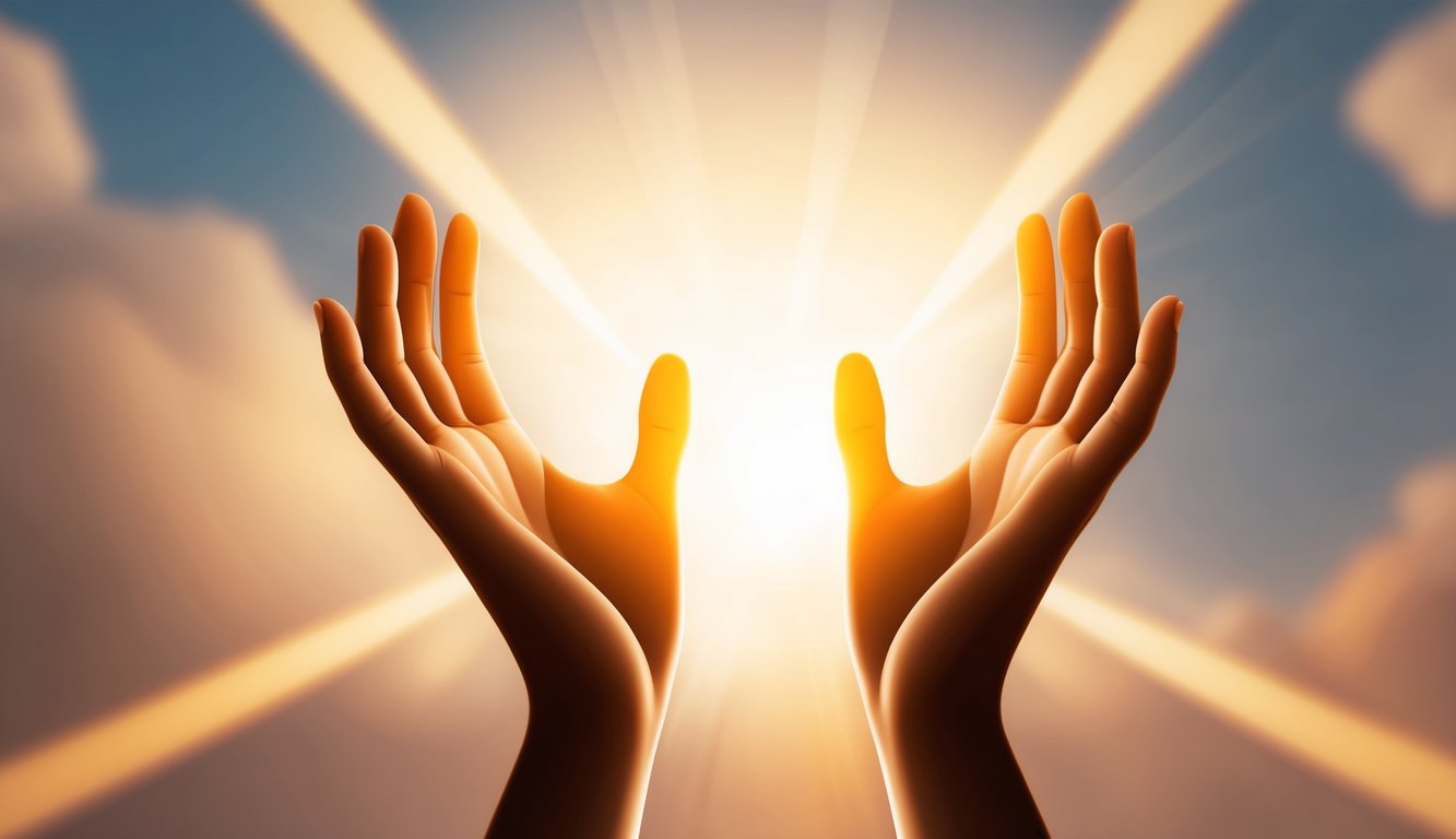 A pair of open hands reaching towards the sky, surrounded by a warm, golden light, with beams of light shining down upon them