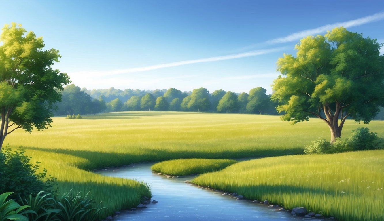 A serene, open field with a gentle stream, surrounded by lush greenery and a clear, blue sky above