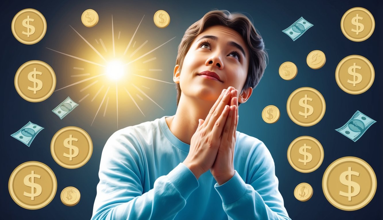 A person with folded hands looking up, surrounded by symbols of financial aid like coins, dollar signs, and a shining light