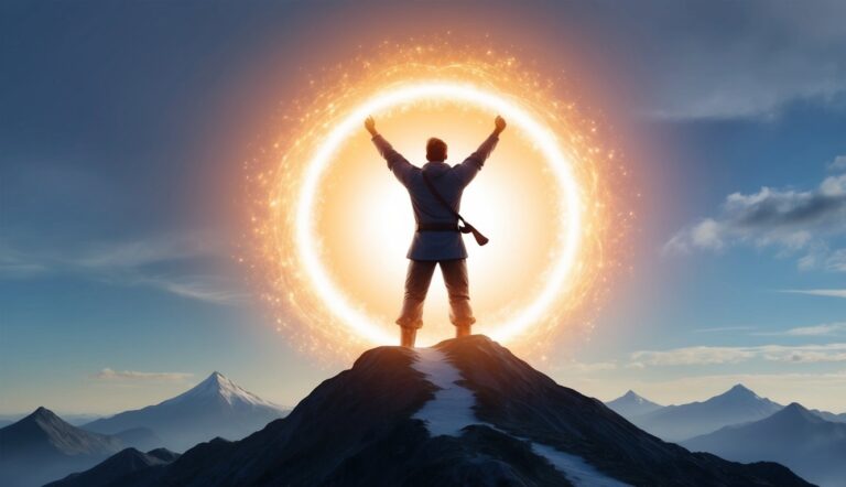Man with arms raised stands before a glowing orb on a mountain