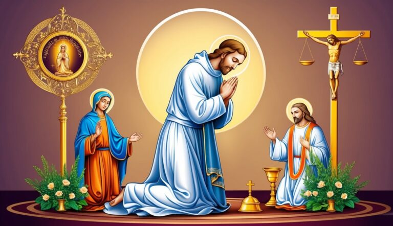 Religious illustration of Jesus, Mary, and a crucifixion scene
