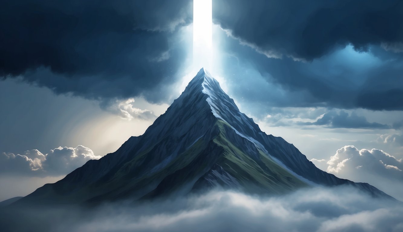 A mountain peak rising above stormy clouds, with a beam of light breaking through the darkness, symbolizing strength and resilience