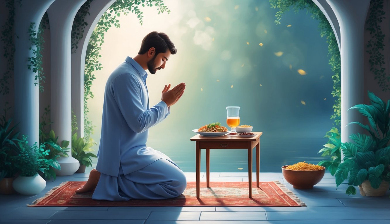 A person sitting in prayer with a small table of food and drink, surrounded by a serene and peaceful environment