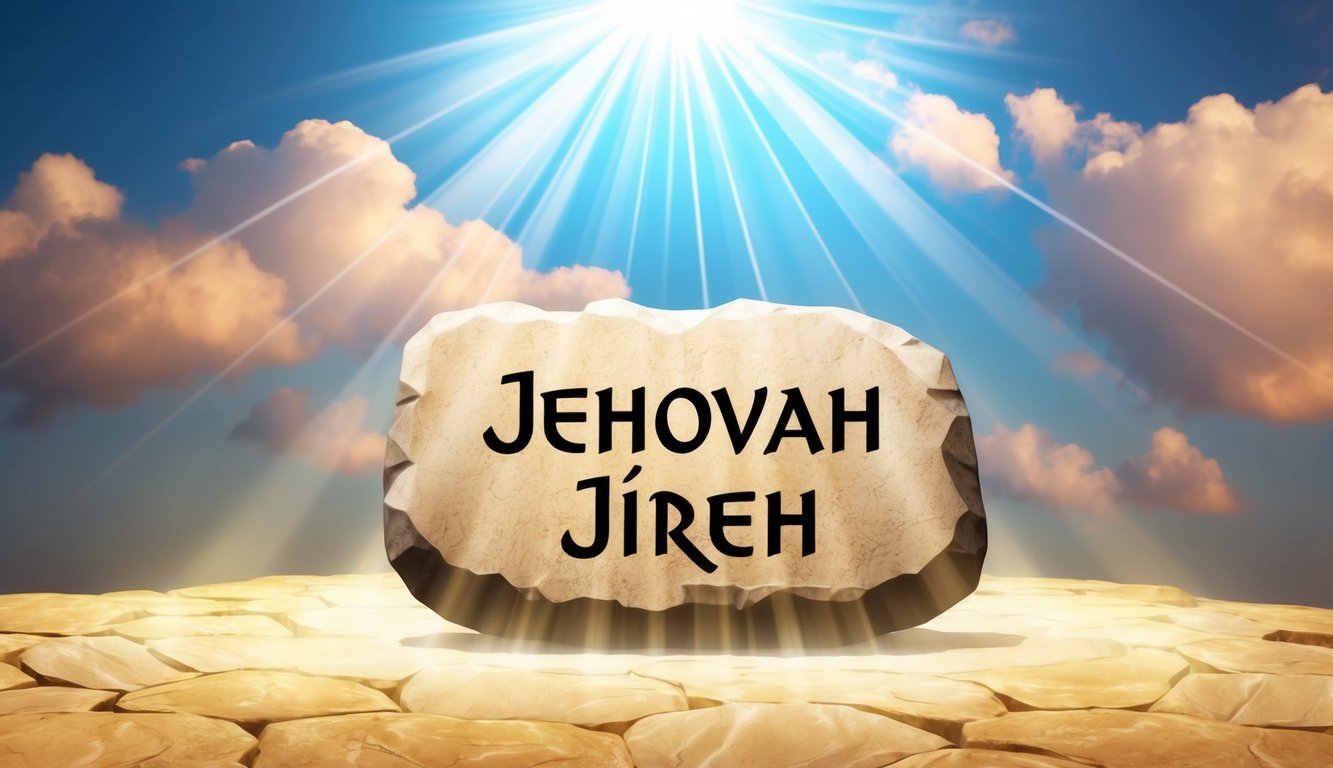 A radiant beam of light shining down from the heavens, illuminating the name "Jehovah Jireh" written in ancient script on a stone tablet