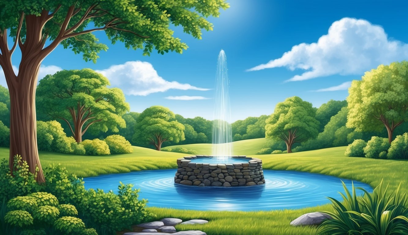 A serene landscape with a wellspring surrounded by lush greenery and a clear blue sky above