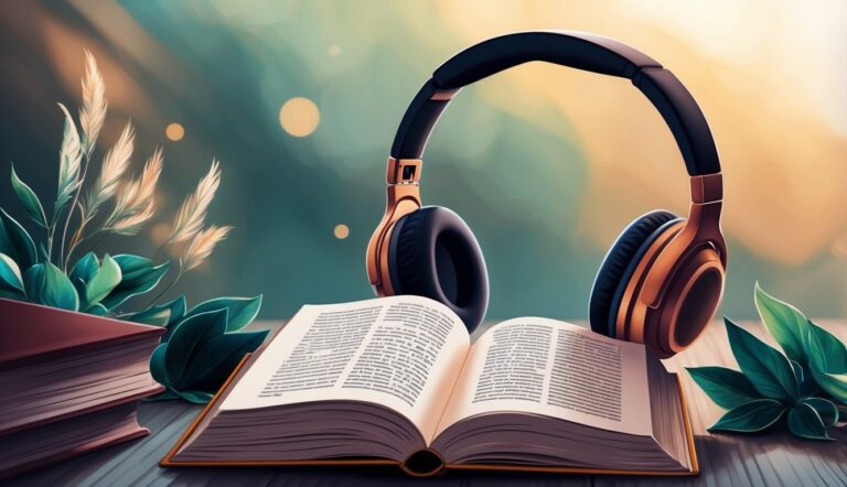 Open book with headphones, plants, and a stack of books