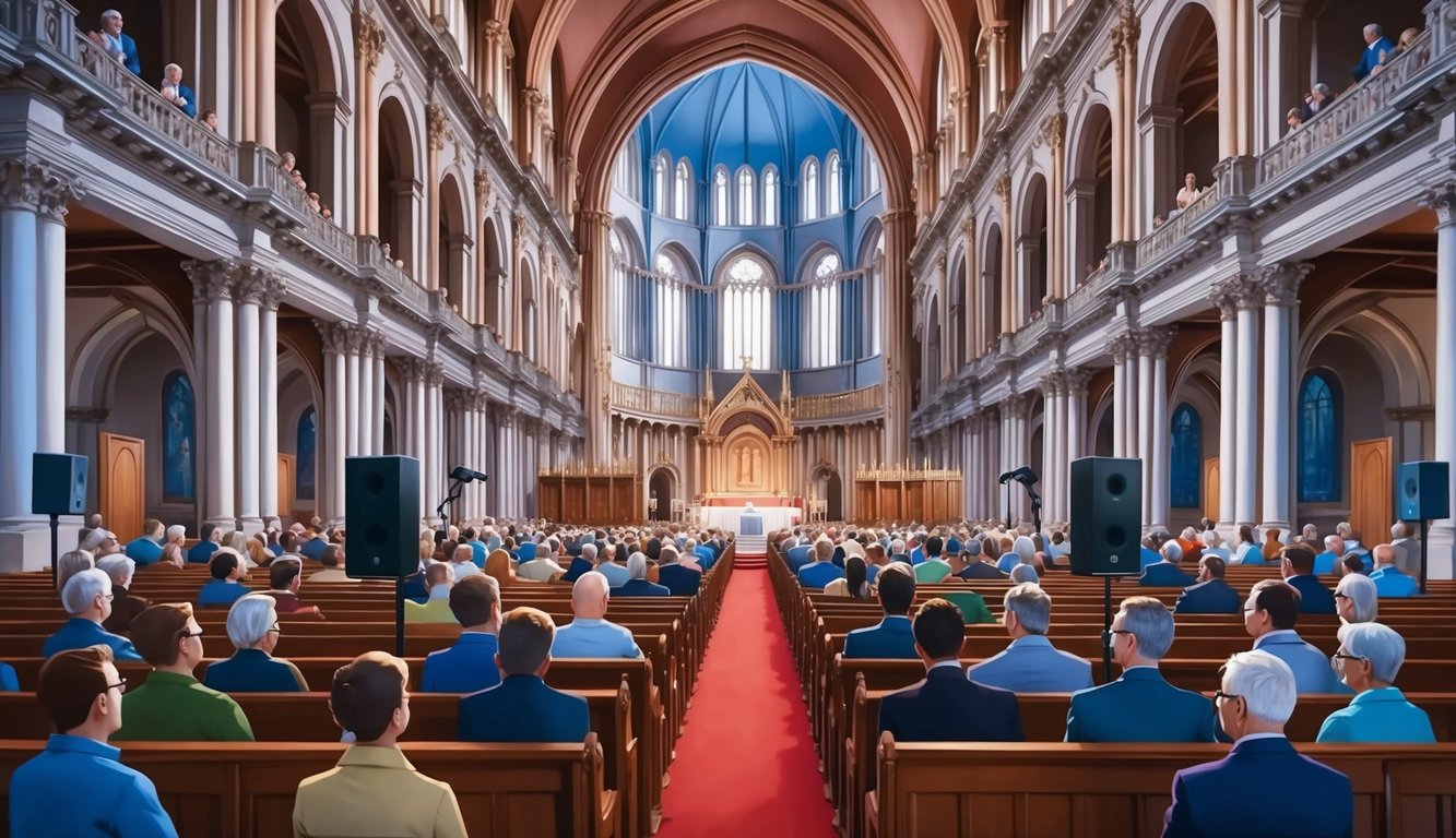 A grand cathedral with ornate architecture, filled with people listening to the KJV audio Bible being played over a speaker system