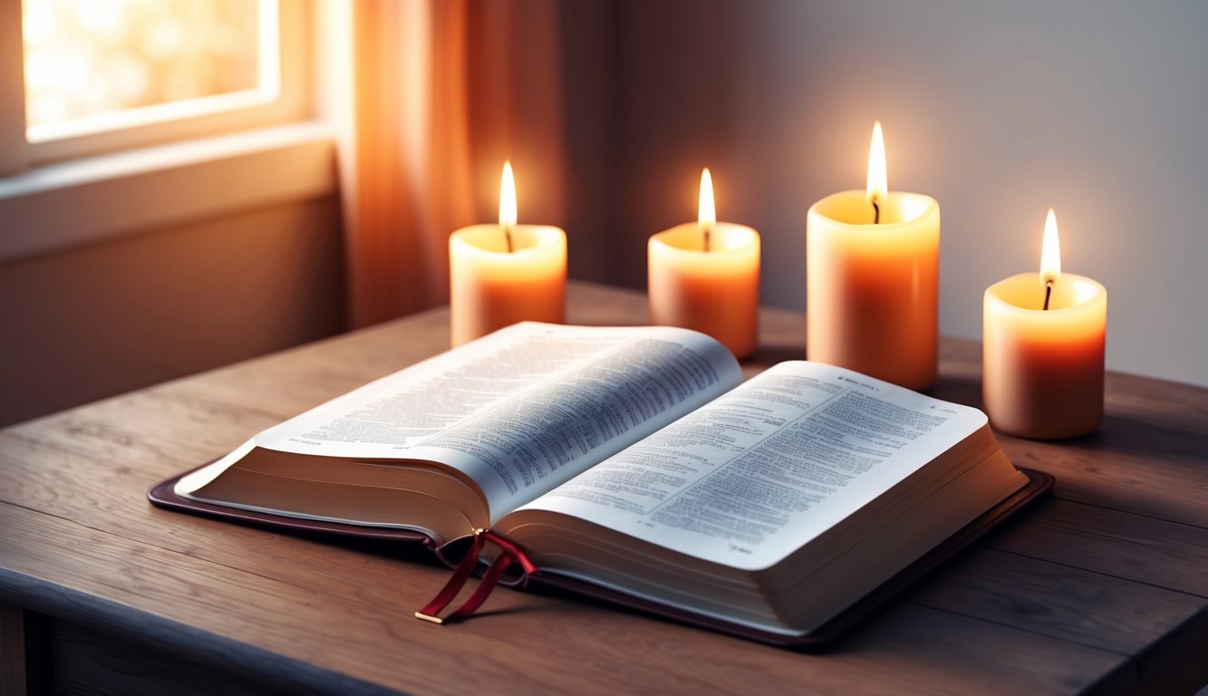 A serene, candlelit room with an open Bible on a wooden table, surrounded by soft, warm light