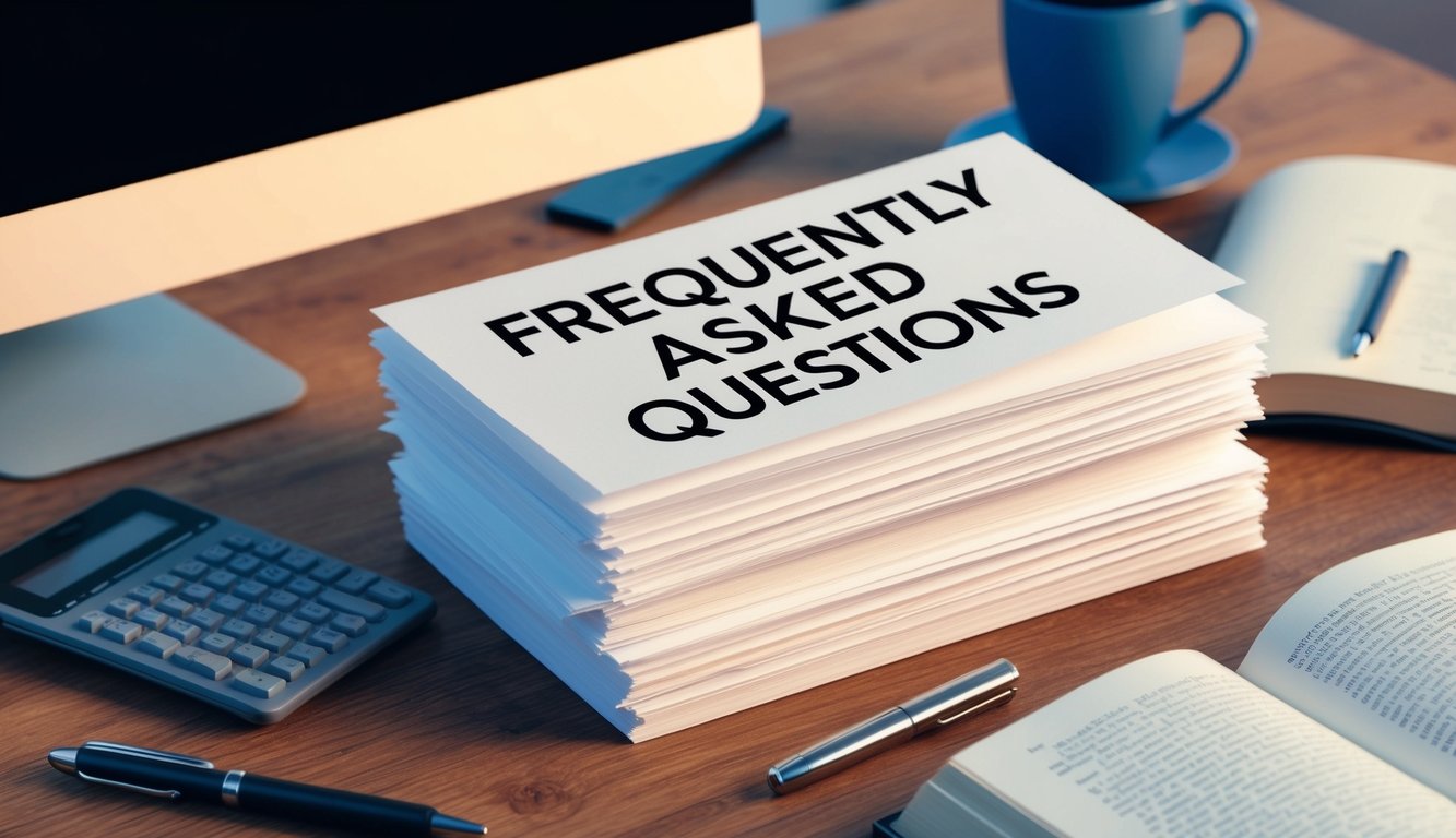 A stack of paper with "Frequently Asked Questions" printed on top, surrounded by a computer, pen, and open book