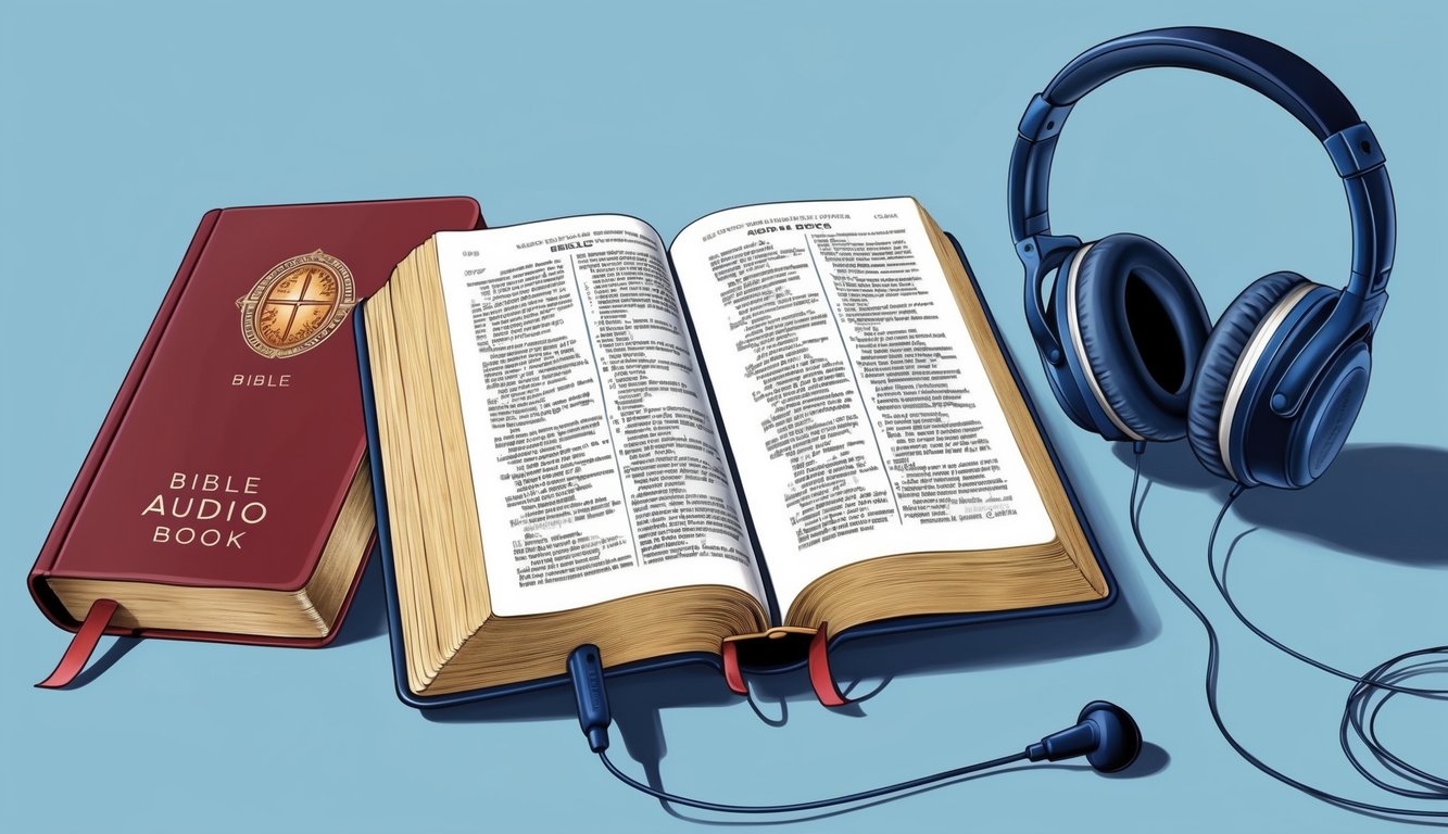 An open audio book with a Bible cover and headphones nearby