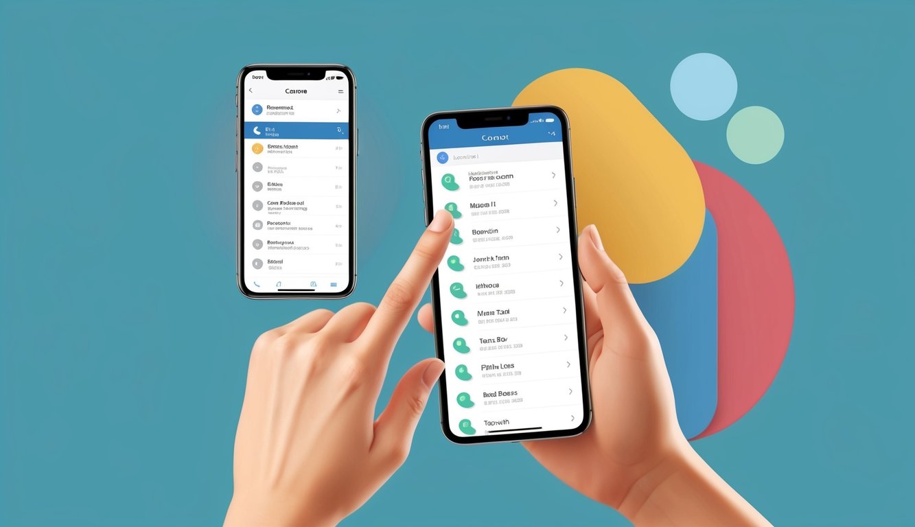 Two smartphones displaying a contact list, one being touched by a finger