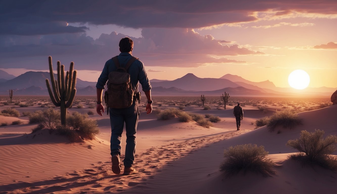 A dramatic shot of a lone figure walking through a desert landscape, with the sun setting in the background, casting long shadows