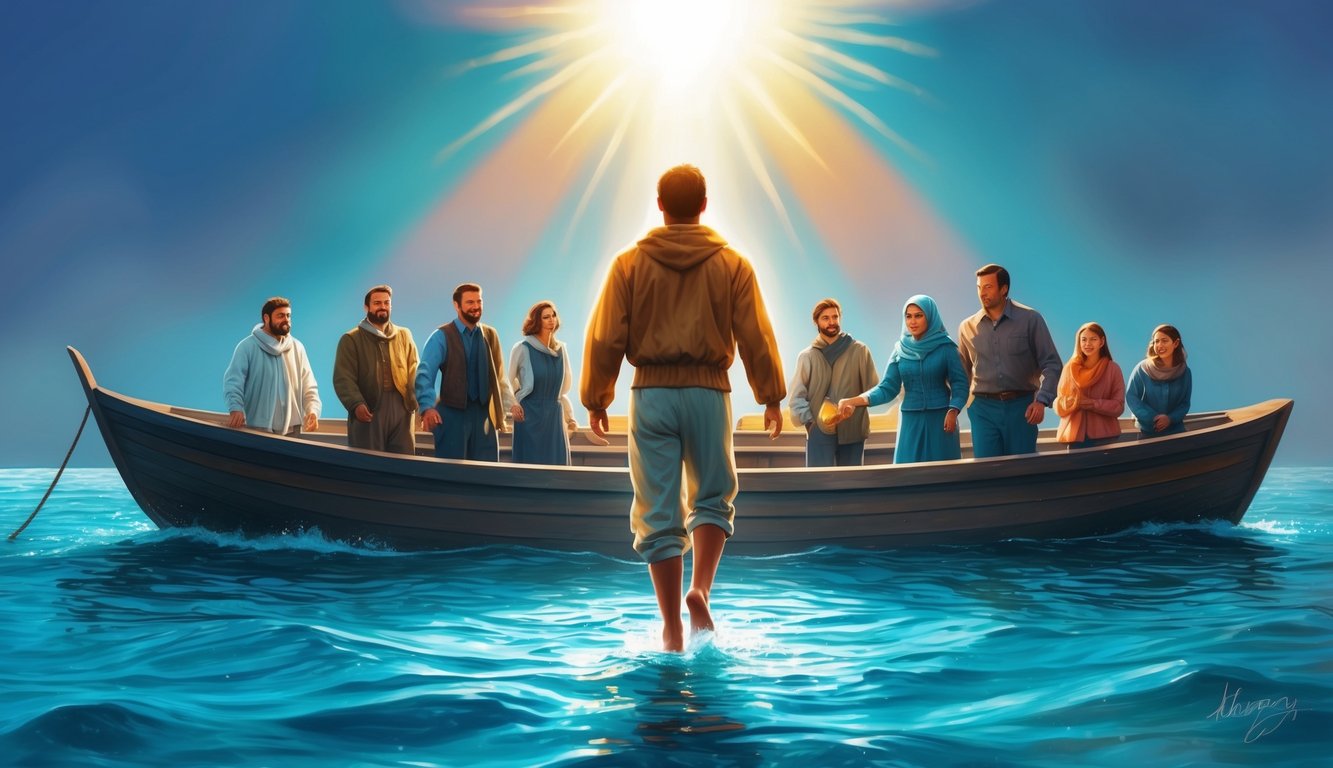 A figure walking on water with a shining light above, surrounded by a group of people on a boat