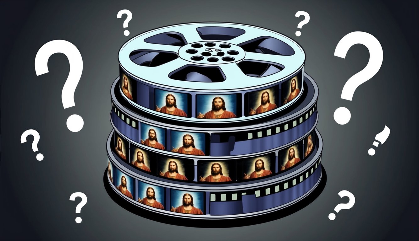 A stack of movie reels with images of Jesus, surrounded by question marks