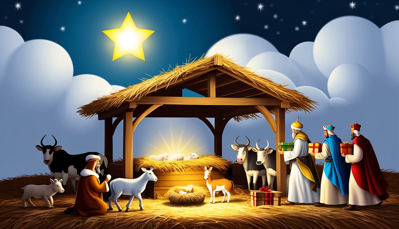 A humble manger surrounded by animals, with a bright star shining overhead and three wise men approaching with gifts