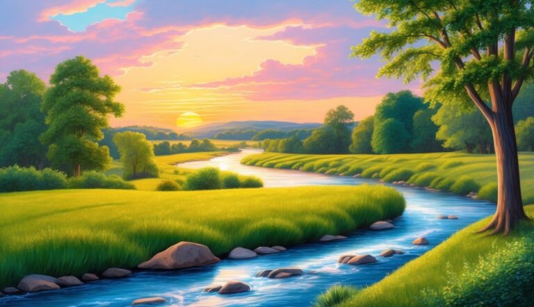 Scenic landscape with a river, green fields, trees, and a sunset sky