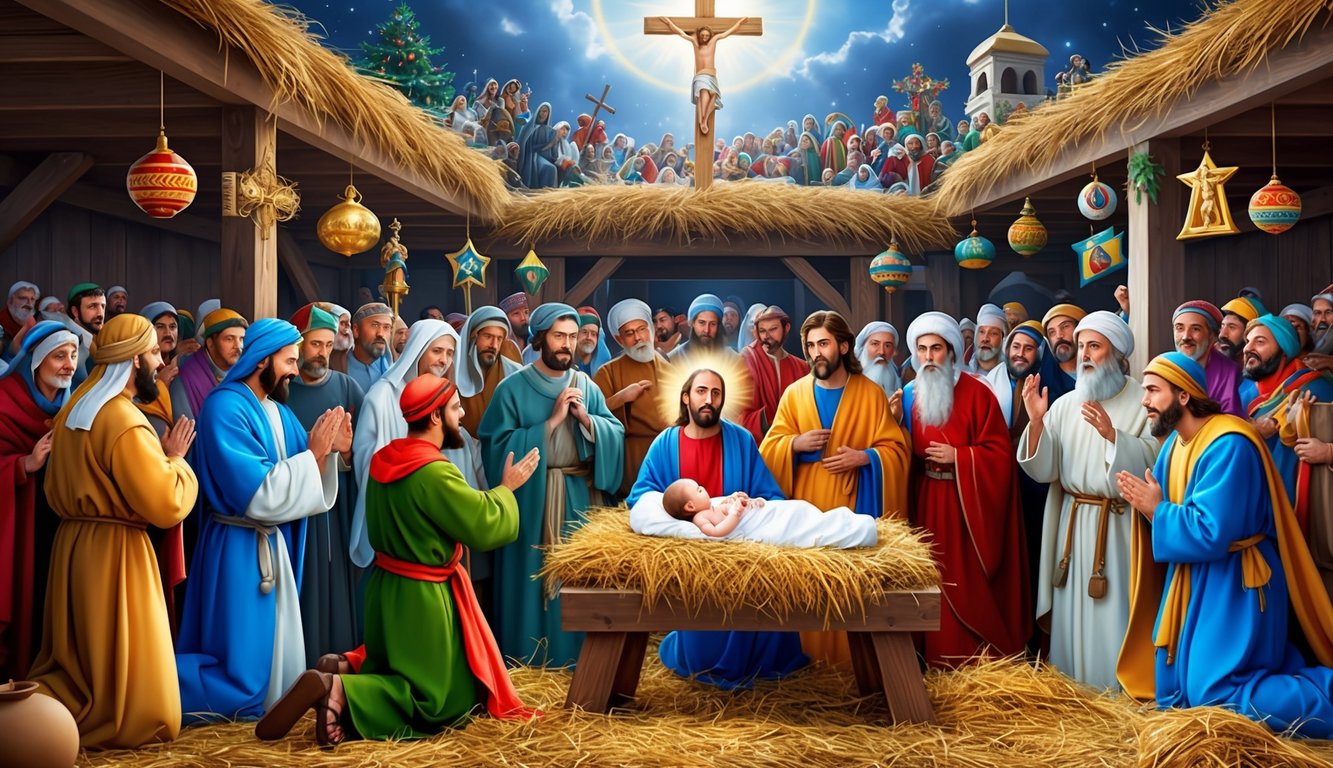 A crowded manger scene with baby Jesus surrounded by celebratory cultural and religious symbols