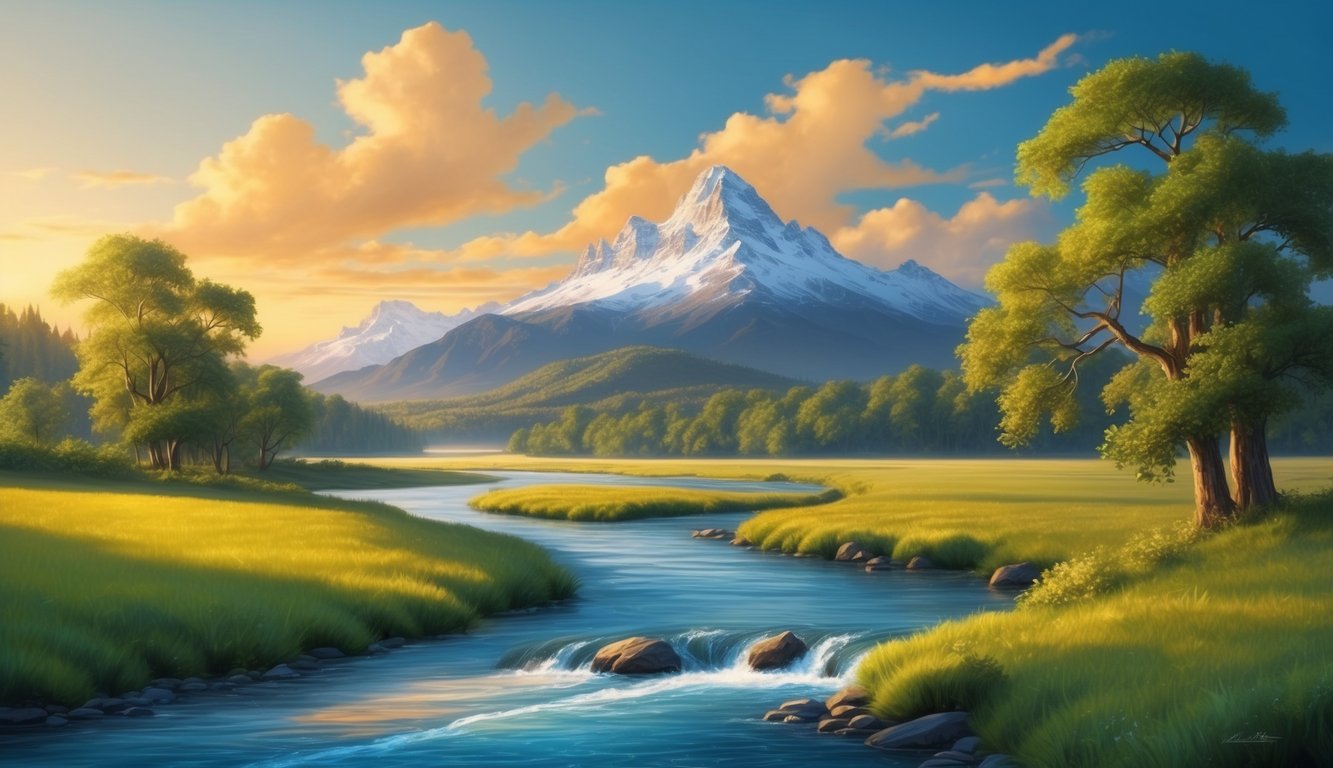 A tranquil landscape with a flowing river, lush greenery, and a majestic mountain in the background, under a golden sunset sky