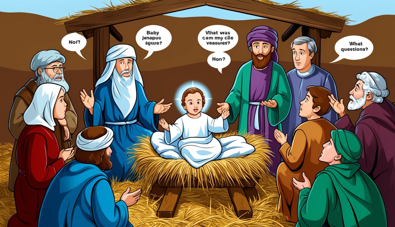 Baby Jesus in manger, surrounded by people asking questions