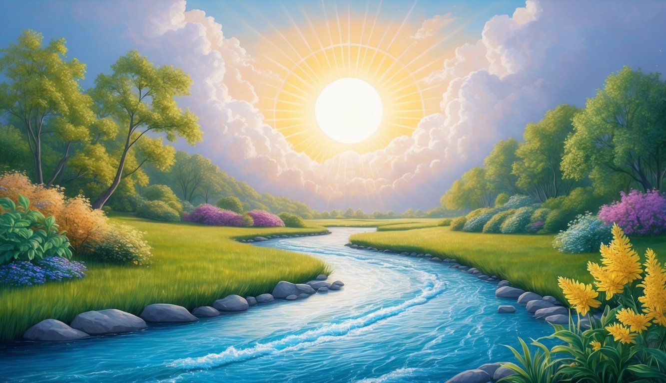 A serene landscape with a flowing river, vibrant flora, and a radiant sun shining through the clouds, evoking themes of divine creation and spiritual connection