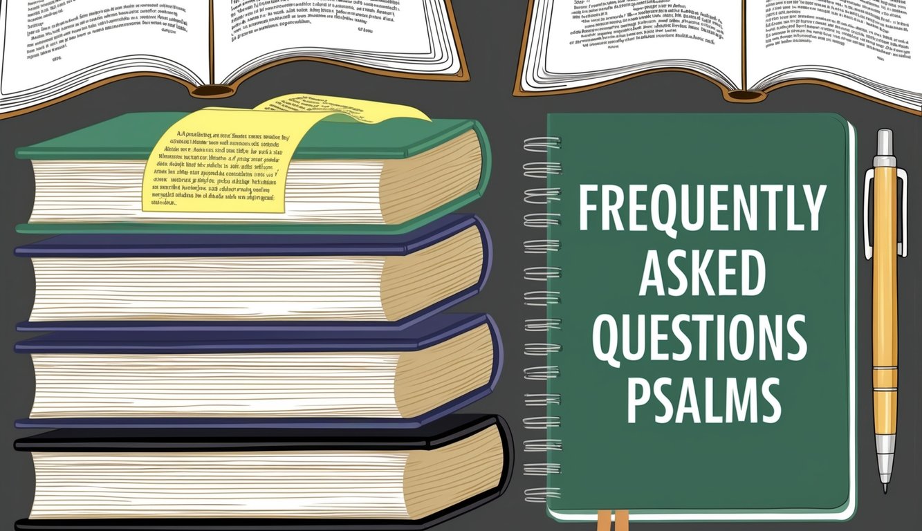 A stack of open books with highlighted passages, a pen, and a notebook with "Frequently Asked Questions Psalms" written on the cover