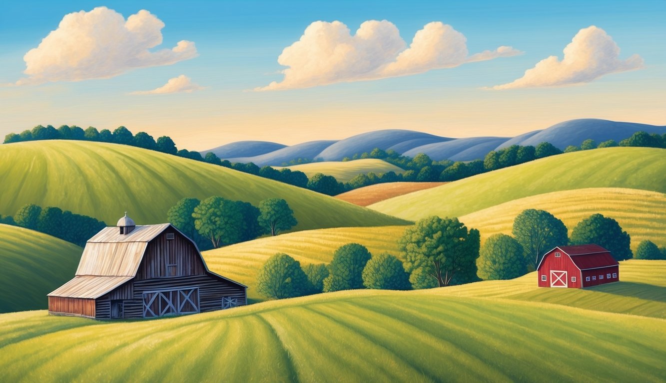 A peaceful countryside with rolling hills, a rustic barn, and a clear blue sky