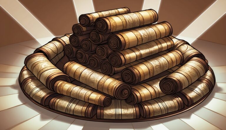 Pile of ancient scrolls on a round tray, lit from above