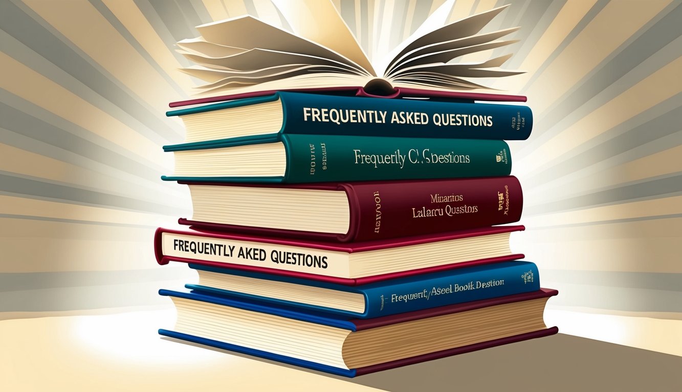 A stack of open books with various titles, including "Frequently Asked Questions," surrounded by rays of light