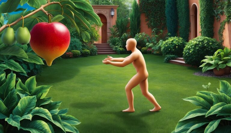 Naked figure reaching for a large, red apple in a lush garden setting