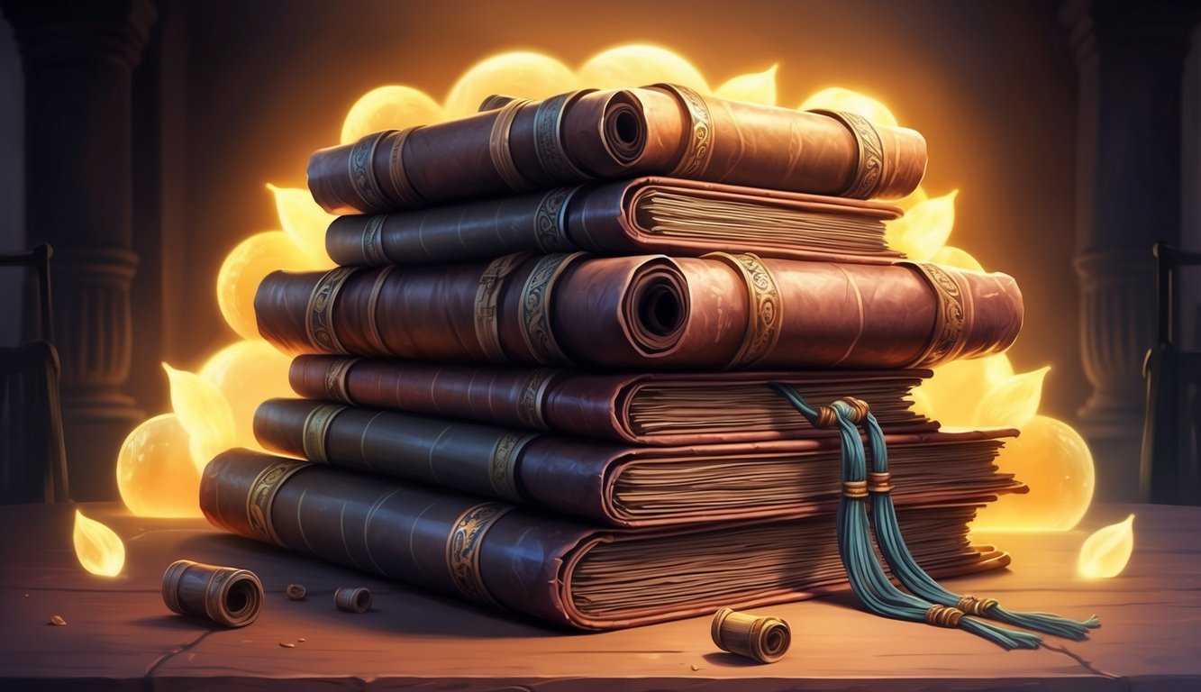 A stack of ancient scrolls surrounded by glowing light