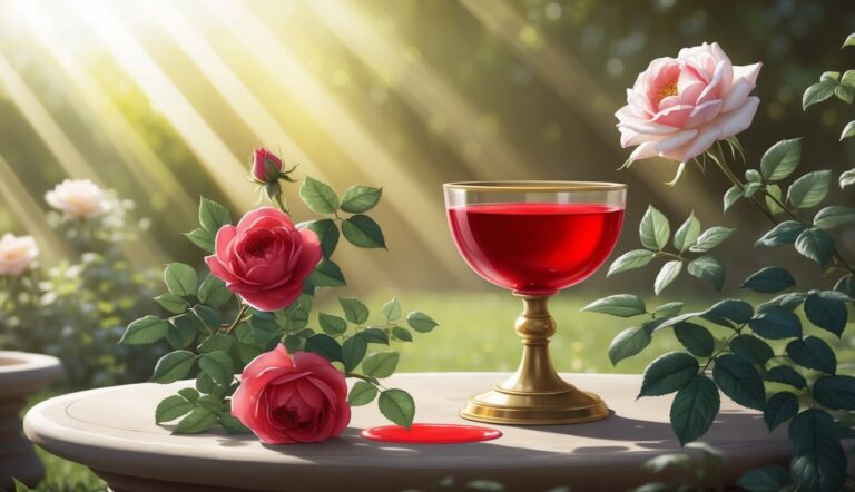 A glass of red liquid on a table with roses in a garden