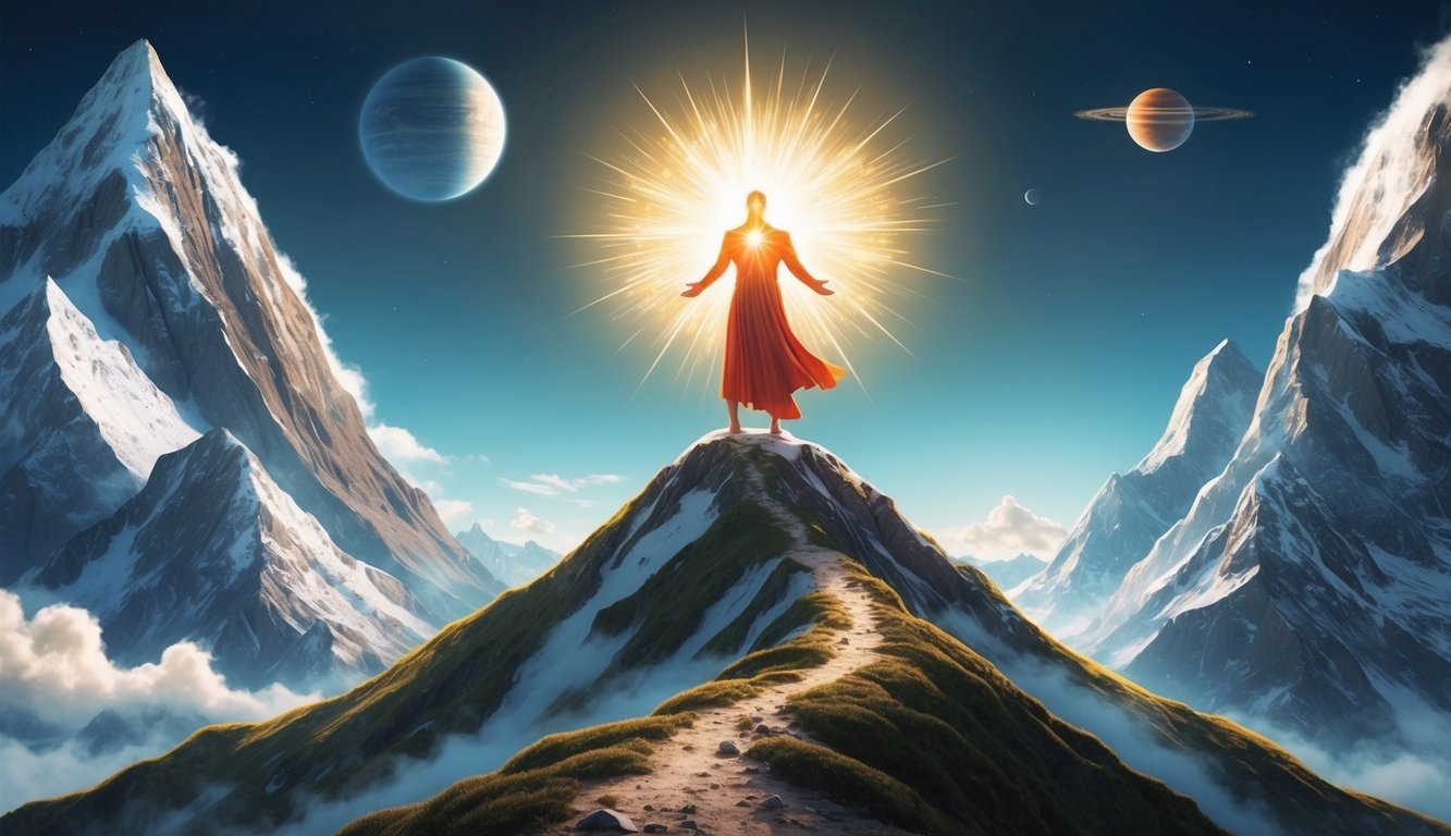 A radiant figure stands atop a mountain, surrounded by awe-inspiring natural elements