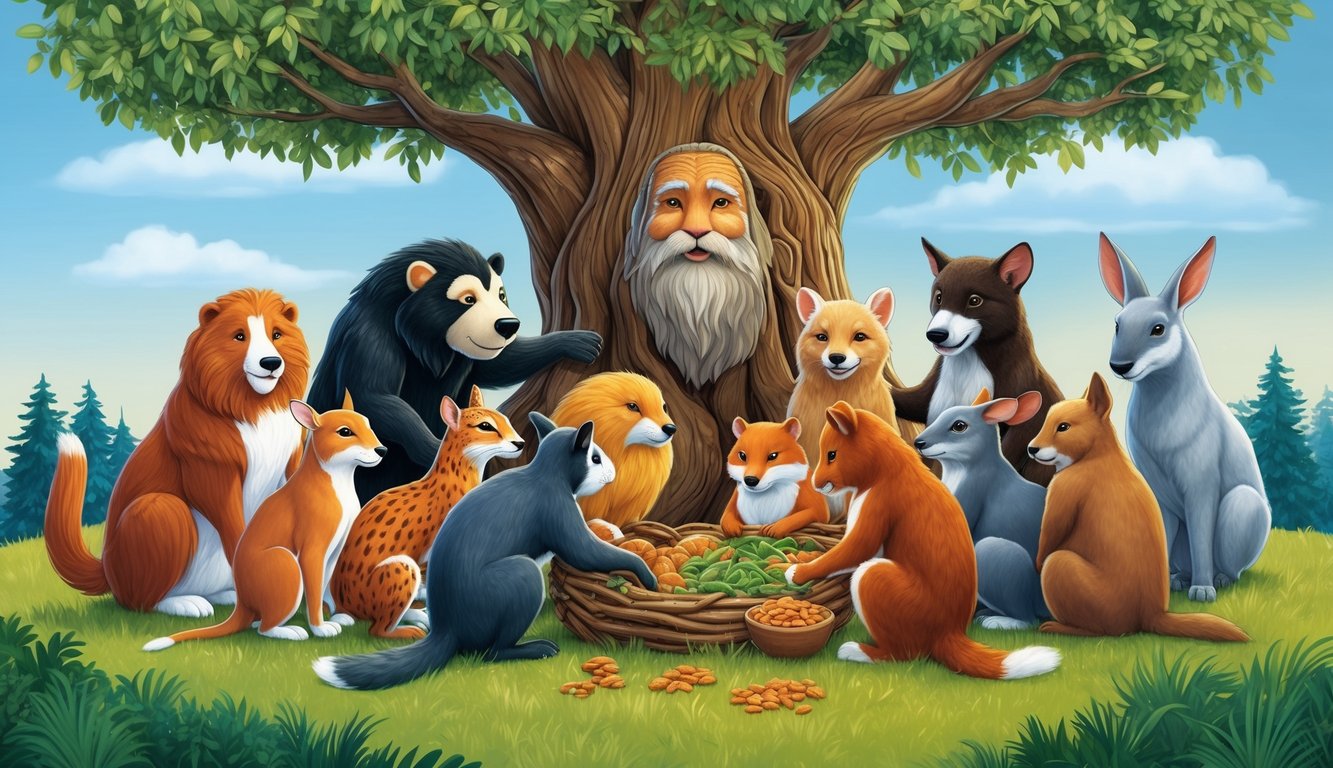 A group of diverse animals gather around a wise old tree, sharing food and shelter, symbolizing the value of friendship and companionship