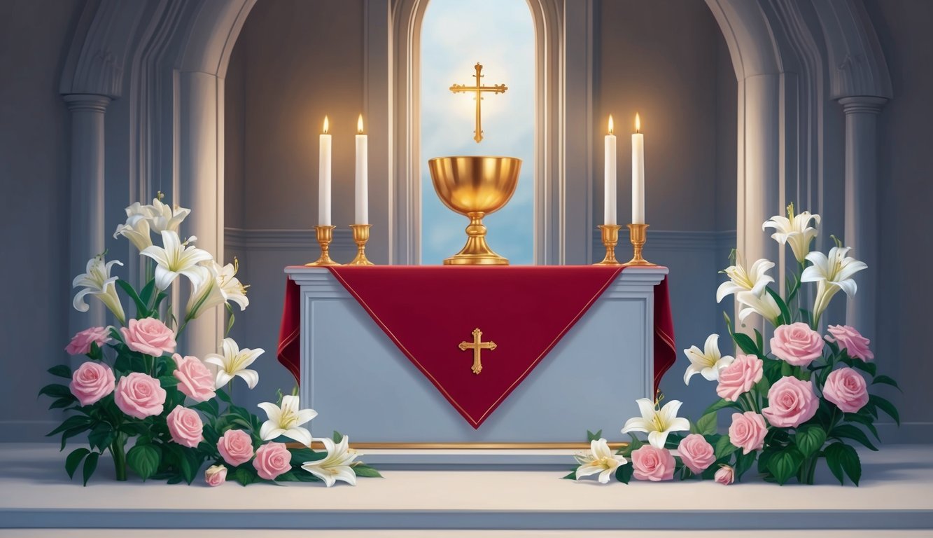 A serene, candle-lit chapel with a golden chalice and a red cloth draped over the altar, surrounded by lilies and roses