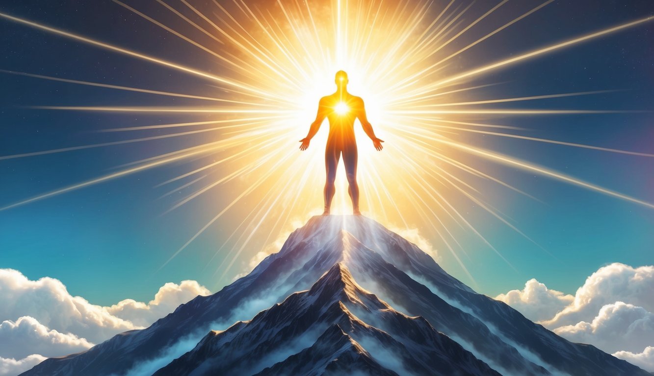 A radiant figure stands atop a mountain, surrounded by a glowing aura, with rays of light shining down from the heavens