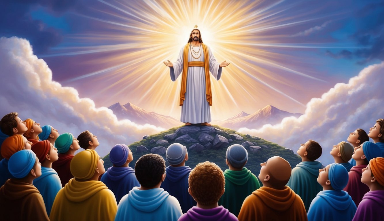 A radiant figure stands on a mountaintop, surrounded by followers looking up in awe and reverence.</p><p>The figure's presence exudes power and wisdom