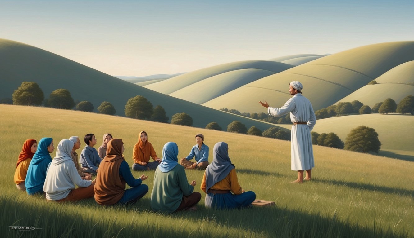 A serene countryside with a figure teaching a group of people, surrounded by rolling hills and a calm, clear sky