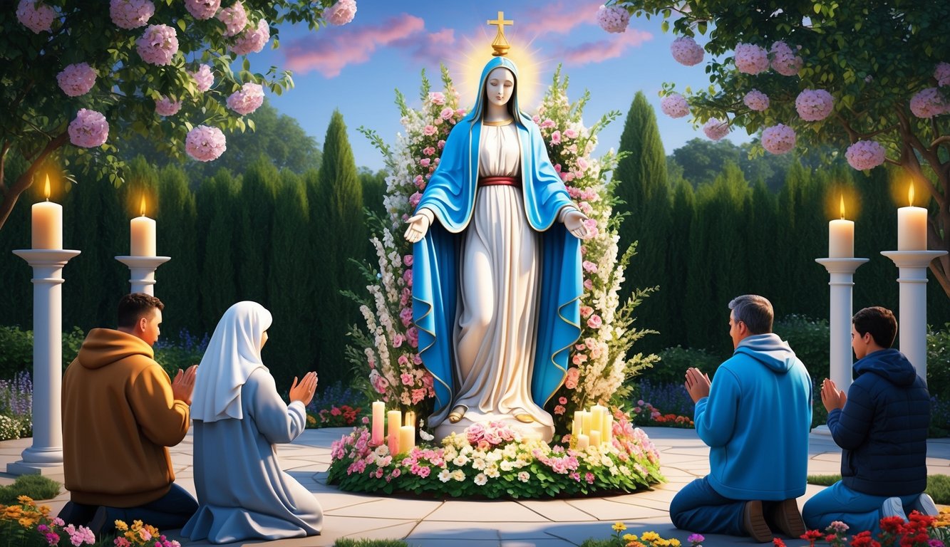 A serene garden with a statue of the Virgin Mary surrounded by flowers, candles, and people in prayer