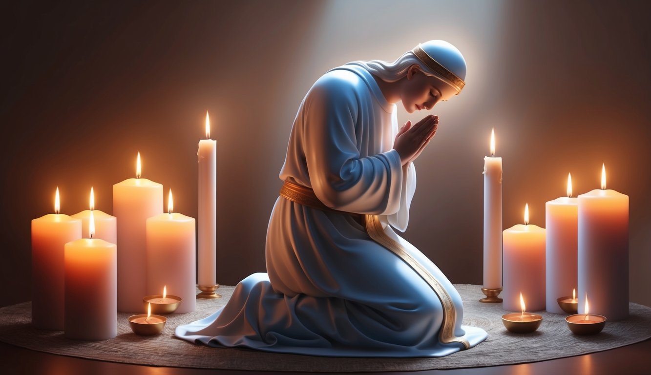 A serene figure kneels in prayer, surrounded by glowing candles and soft light