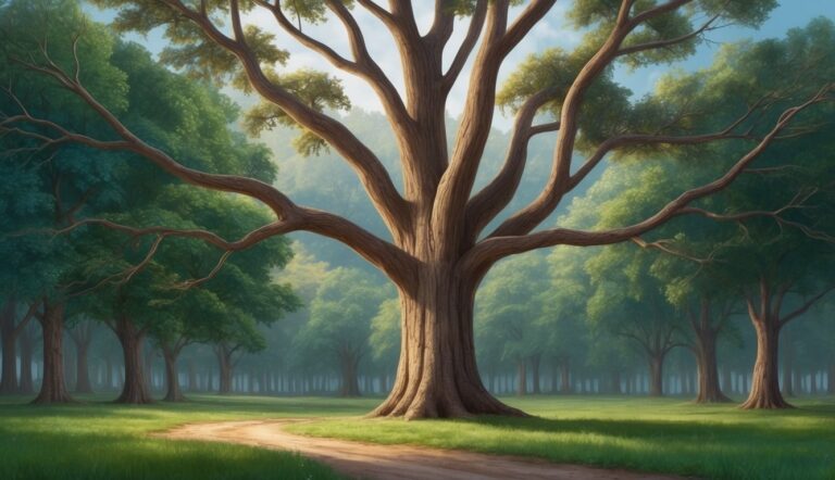Large tree with sprawling branches in a green, sunny forest