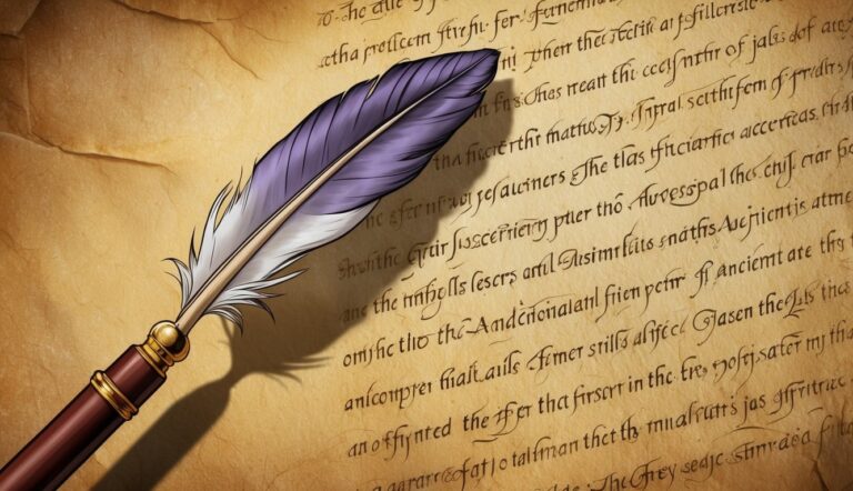 Purple quill pen on parchment paper with handwritten text