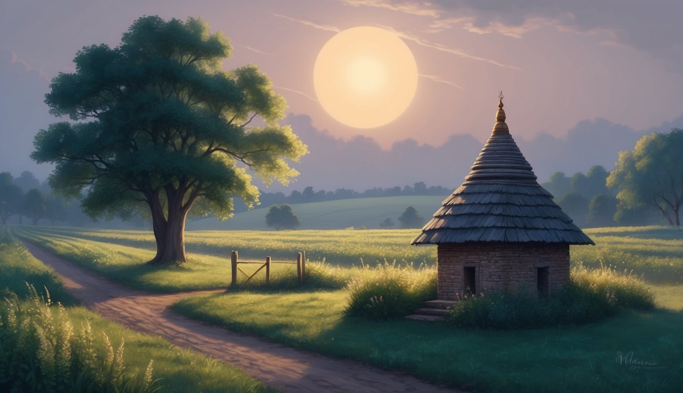 A peaceful countryside scene at dusk with a small, rustic prayer structure surrounded by fields and a soft glow emanating from the sky