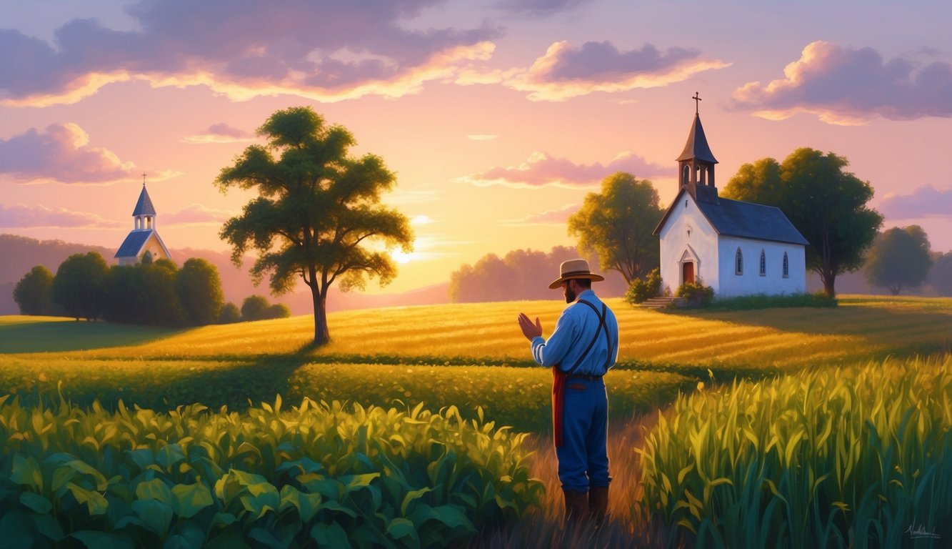 A serene countryside scene at sunset, with a small church in the background and a farmer pausing to pray in the fields