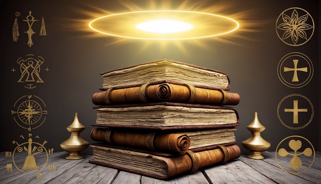 A glowing halo above a stack of ancient scrolls, surrounded by symbols of wisdom and faith