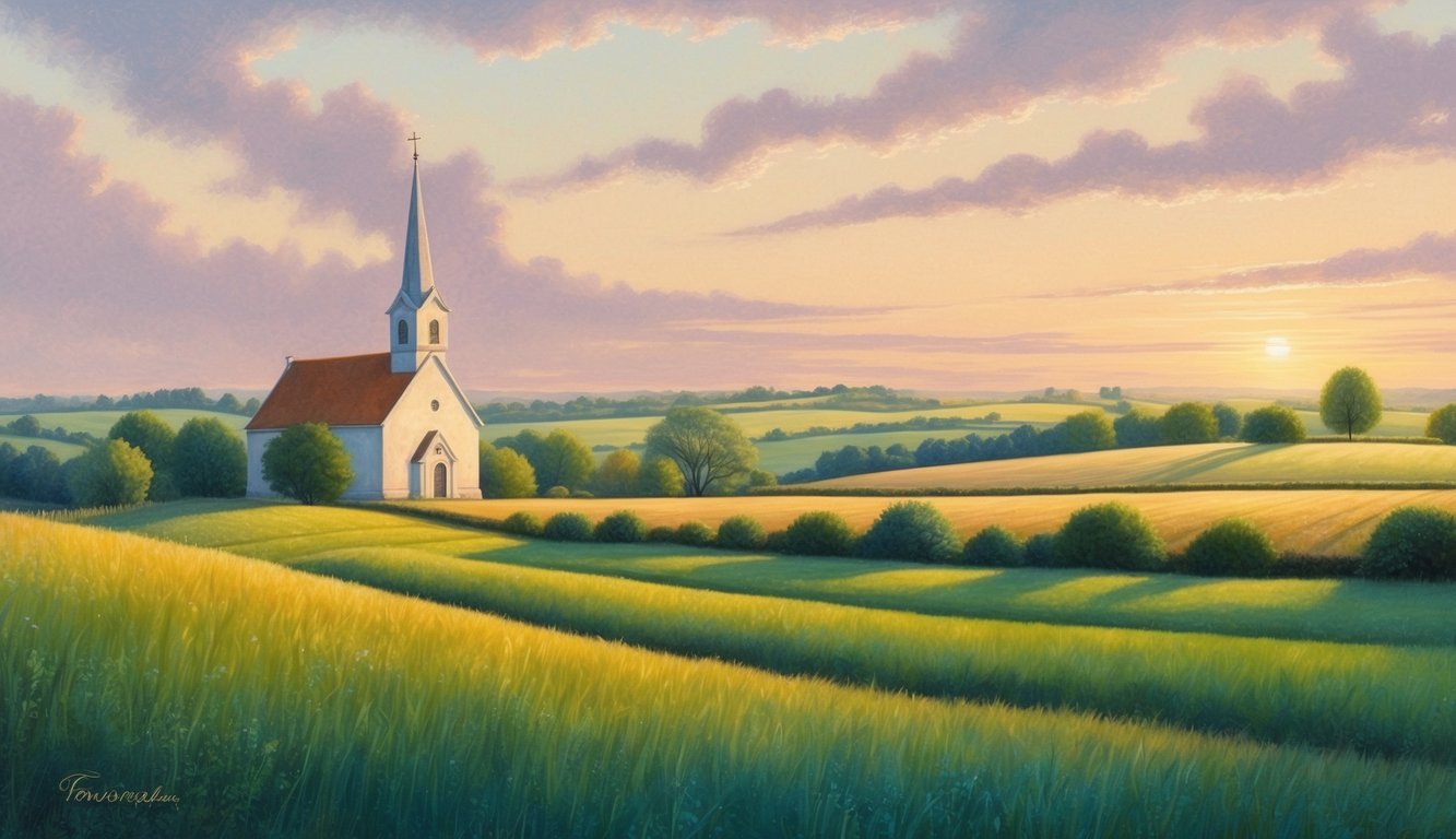 A serene countryside landscape with a small church in the distance, surrounded by fields and a gentle sunset sky