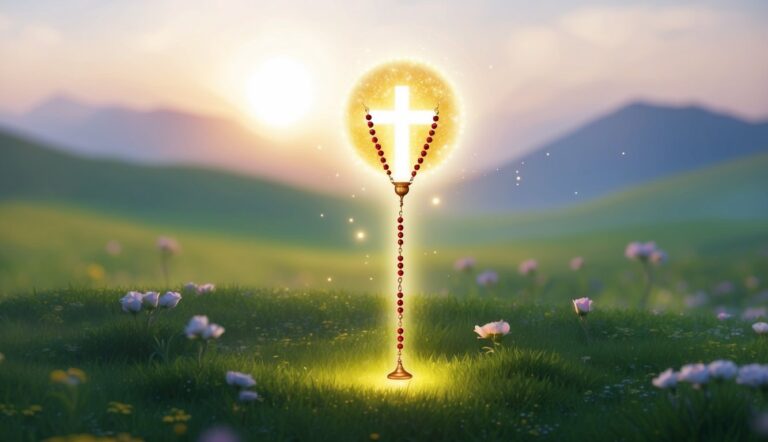 Glowing cross and rosary over a field of flowers at sunset