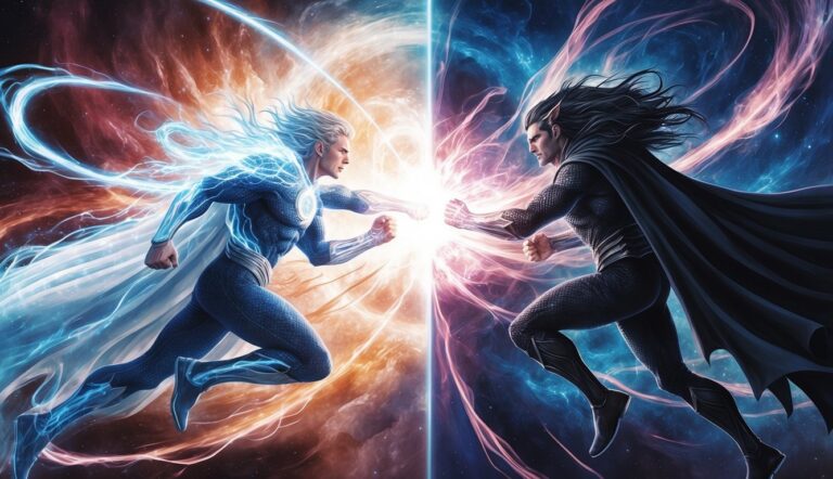 Two superheroes, one blue, one black, facing off with energy blasts